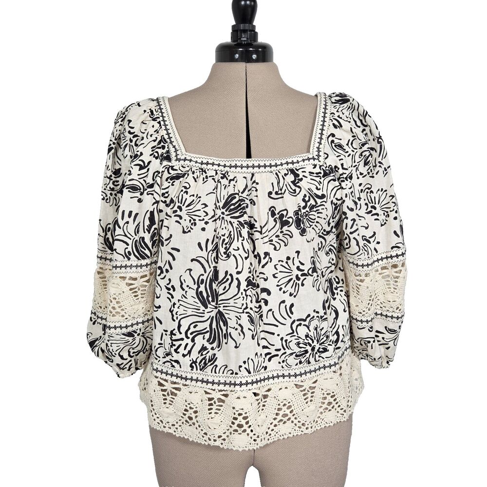 NWT Christian Siriano Women's XS Boho Peasant Blouse Black Floral Crochet Lace